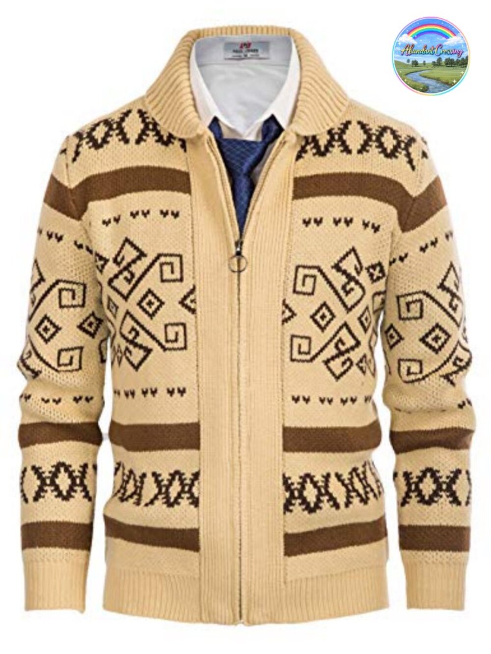 Mens Zip Up Cardigan Shawl Collar Knit Sweater Jacquard Acrylic